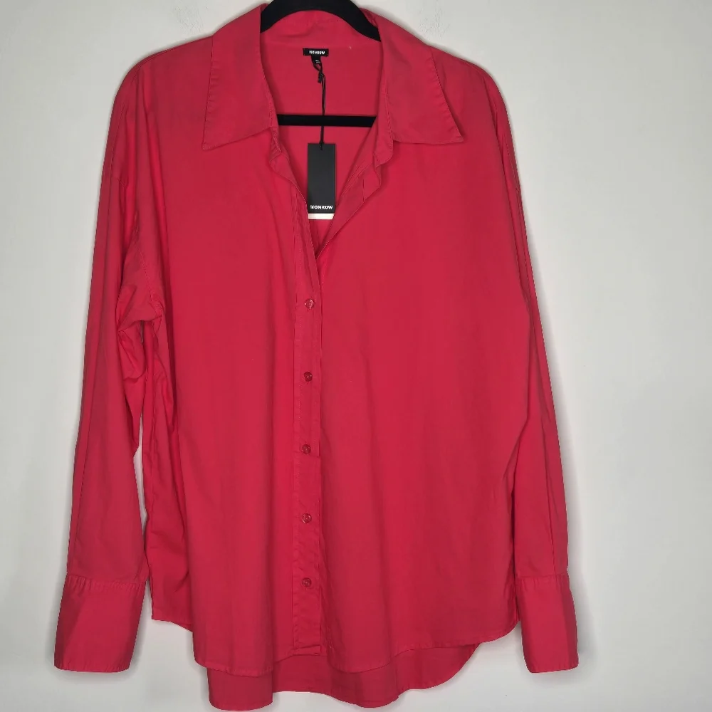MONROW Fire Coral Oversized Poplin Button Down Shirt NWT Relaxed Coastal Top - Picture 3 of 11